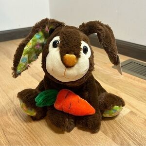 Chocolate Brown Plush Bunny Rabbit W/ Carrot Floral Ears & Feet 10” Easter Toy